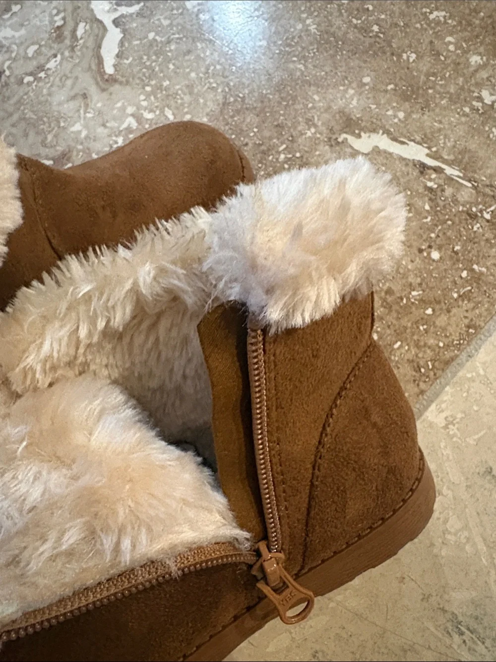 Kids Faux Suede Winter Boots with Cream Fur Trim - Brown
